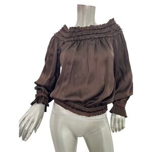 Vertigo Paris peasant-style satin off-the-shoulder ruffled brown blouse top M